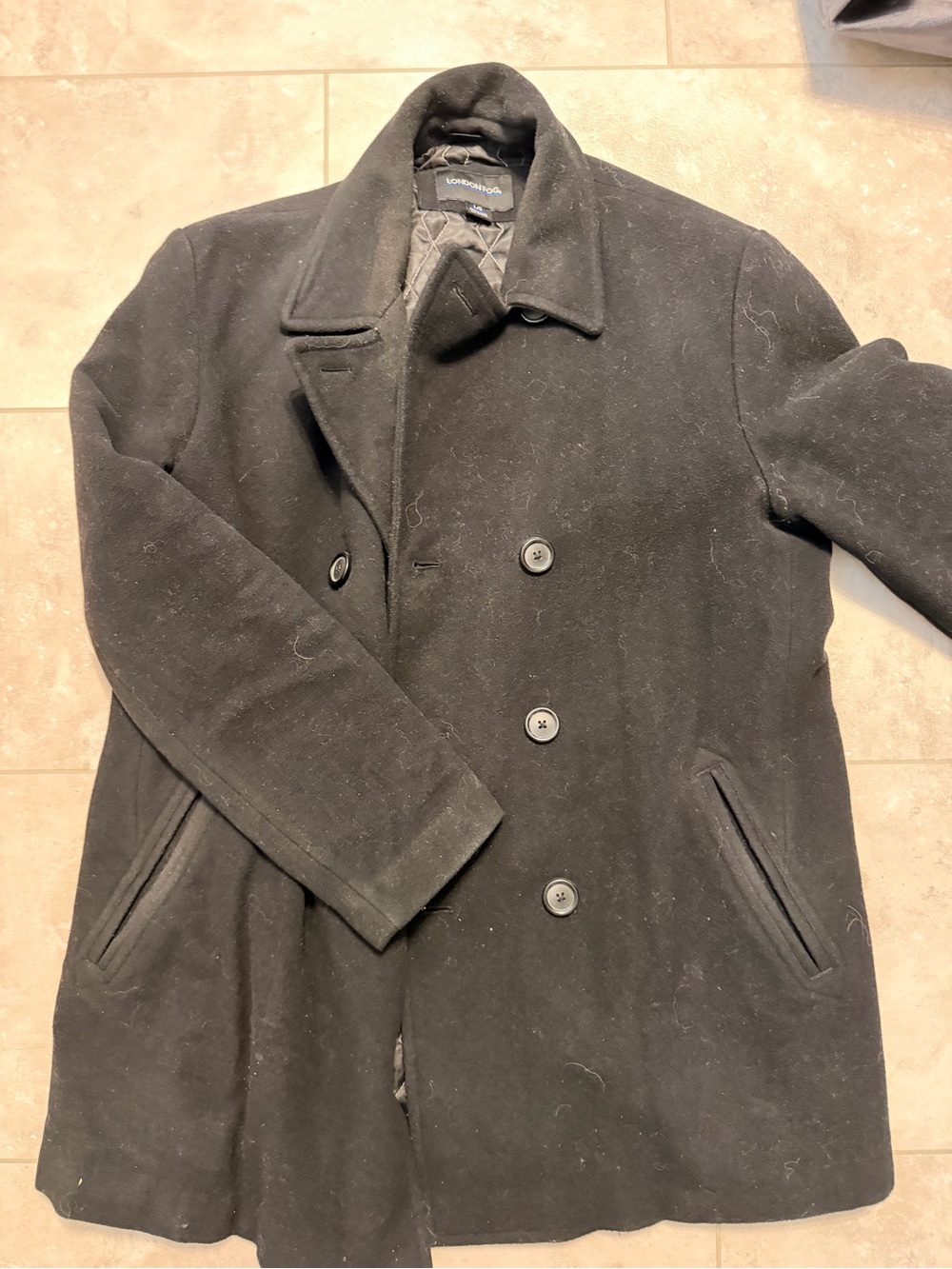 London Fog Black Double-Breasted Wool-Blend Peacoat
